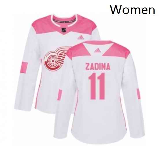 Womens Adidas Detroit Red Wings 11 Filip Zadina Authentic White Pink Fashion NHL Jersey